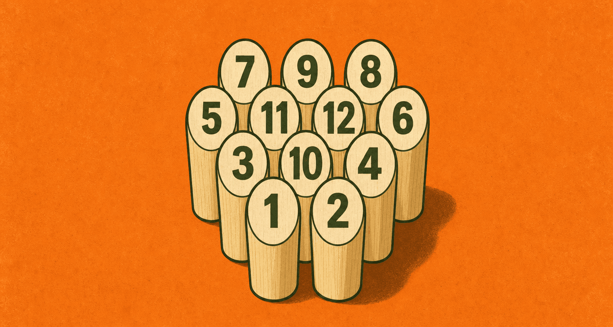 Diagram of the official Mölkky pin setup: 12 numbered skittles in four rows (1–2 front, 3–10–4, 5–11–12–6, 7–9–8 back).