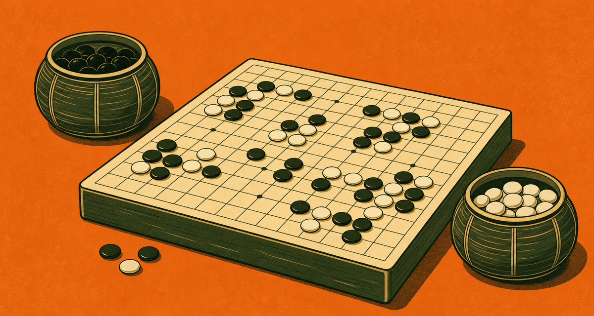 Illustration of a Go (Baduk) score calculator on an orange background.