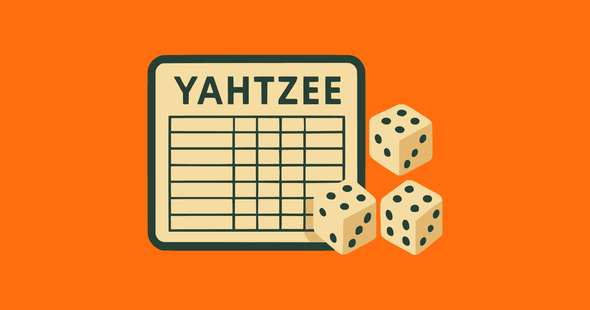 Ilustración de la Tarjeta de puntuación de Yahtzee sobre un fondo naranja.