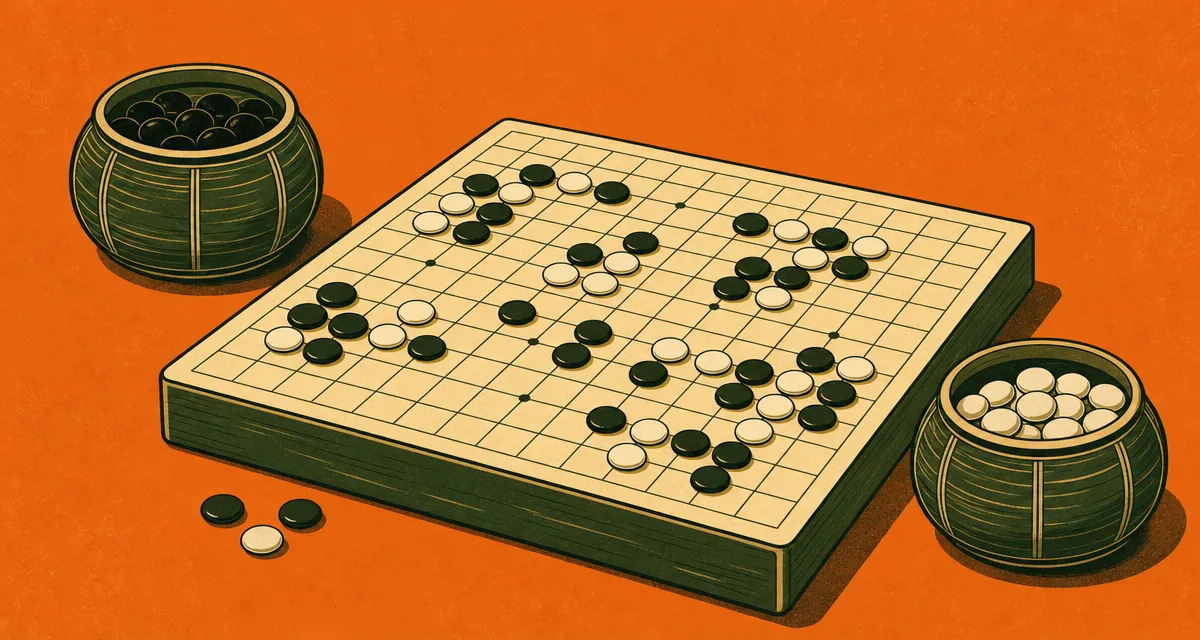 Illustration of a Go (Baduk) score calculator on an orange background.